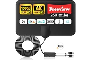 WAINHEFU TV Aerial - Digital TV Aerial Indoor 250+ Miles Long Range, Amplified HD TV Antenna for Freeview TV, Support 4K 1080P HDTV with Booster & 16.4 ft Coax Cable