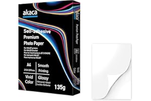 akaca Papel Adhesivo Brillante A4, 60 hojas, 135 g/m², Papel Fotográfico Imprimible para Todas Las Impresoras de Inyección de Tinta 210 x 297 mm