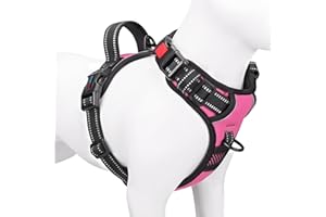 PHOEPET Reflective Dog Harness Large Breed Adjustable No Pull Vest with with Handle 2 Metal Rings 3 Buckles [Easy to Put on & Take Off](L, Pink)