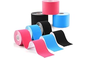 Foydream Strap Sport, 6 Rouleaux de Tape Kinesiologie, 5 cm x 5 m, Taping pour Genou, Épaule, Articulation, Plantaire, Douleurs au Genou (Noir, Rose, Bleu)