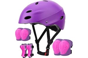 SAMIT Knieschoner Kinder 7 in 1 Set mit Skaterhelm, Inliner Schützer für Kinder Verstellbare Kinder Schutzausrüstung Set (5-12 Jahre) für Skateboard Rollschuhe Scooter Sport Rosa+Lila