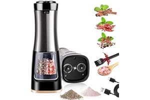 FWIULL Salz und Pfeffermühlen Elektrische 2 in1, Elektrische Salz und Pfeffermühle mit Basis, Gewürzmühle Einstellbarer Feinheitsgrad, keramikmahlwerk, Edelstahl Salzmühle mit Licht,Bürste