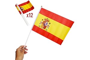 PEKA PEKÍTA Bandera de España con Escudo Pequeña de Tela 30x20 Centímetros Pack 12 Unidades - Banderas de España con Palo - Bandera Española