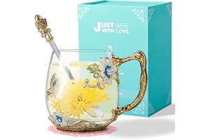 Wisolt Mothers Day Gifts Birthday Gifts for Women Ladies Gifts Flower Glass Tea Cup Gifts for Her Teacher Friend Anniversary Valentines Christmas Glass Coffee Cup Mugs with Spoon