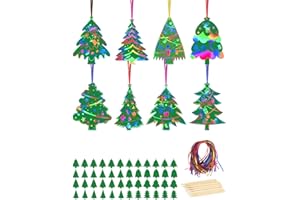 KATOOM 48 Pieces Christmas Scratch Art Hanging Decorations DIY Christmas Tree Rainbow Magic Scratch Paper Christmas Crafts for Kids Party Bag Fillers Holiday Decor