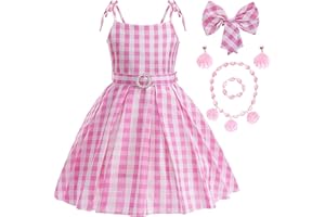 Amtum Girls Princess Dress Up Pink Plaid Dress Pink Costume With Accessories Princess Fancy Dress Kids Outfits Carnival Halloween Birthday Party Cosplay Costume 3-12 Years