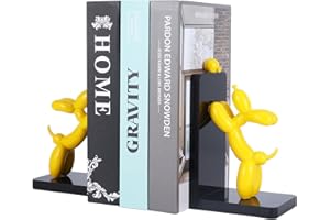 SHENGTIAN Resin Balloon Dog Book Ends,Creative Bookcase,Black L-Shaped Shelf,Modern Dog Stature Bookends,Heavy Duty Book Holder Stopper for,Suitable for Library,Office,Bookcase Decoration (Yellow-2)