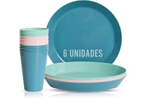 Mypicompany. Vaisselle Camping 12 Pièces les Tons Pastel. 6 Assiette Plastique Reutilisable+ 6 Gobelet Plastique Reutilisable Adaptée Au Lave-vaisselle.