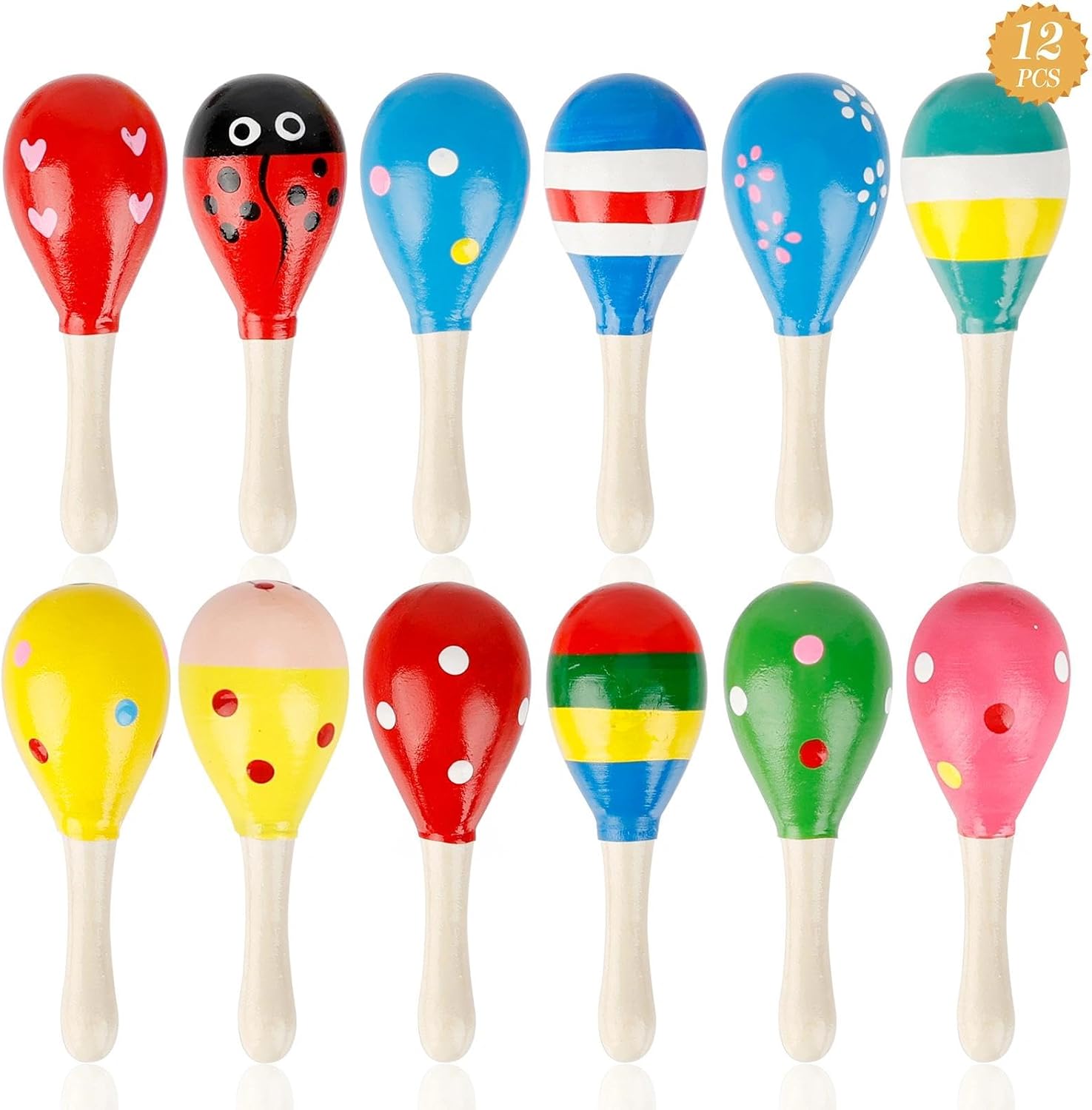 Drepint 12PCS Maracas Sonajero,Mini Maracas de Madera para Niños Juguetes Educativos para Niños Martillo de Arena de Madera Percusión Juguete Musical, La Coctelera De Arena