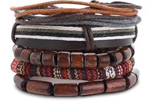 Yolev Bransoletki owijane dla mężczyzn i kobiet, sznurki konopne, drewniane koraliki, etniczne, plemienne, skórzane, plecione, szeroka opaska na nadgarstek, zestaw bransoletek, 10.23 inch, Poliuretan