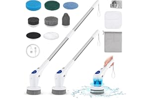 Electric Cleaning Brush, CQWLKEJ Electric Spin Scrubber with Power Display, 3 Speeds Shower Cleaning Brush with Long Handle & 8 Replaceable Brush Heads for Floor, Tile, Kitchen, Car Wash (White gray)
