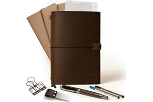Wanderings A5 Travelers Notebook/Ręcznie Wykonany Skórzany Notes 22x15 cm – Wymienny Dziennik Podróżny Z Uchwytem na Długopis, Długopisem, 2 Wkładami, Folderem PVC I Klipsem do Papieru