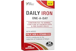 Vit Direct - Daily Iron Supplements - 30 Capsules - with Added Folic Acid & Vitamin B12 - Supports Haemoglobin & Red Blood Cell Function - Reduces Tiredness & Fatigue - Energy Supplements