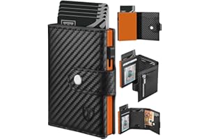 Tomylv Portafoglio Uomo Slim - Portafoglio con Tasca Monete & RFID Blocking, Fibra di Carbonio Porta Carte di Credito Uomo, Finestra ID, Scomparto Banconote, Portacarte Smart Wallet - Nero Arancione