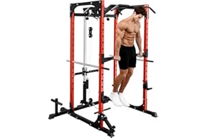 SPORTNOW Power Tower, Stazione Fitness con Stazione Cavi, Supporto per Bilanciere, Dischi e Barra per Trazioni e Dip, Palestra Multifunzione in Acciaio, per Home Gym Casa, 191x153x205 cm, Rosso e Nero