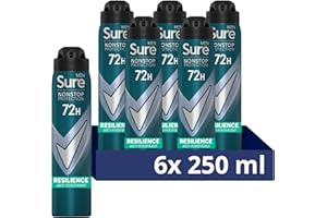 Sure Men Nonstop Protection Resilience Deodorant Body Spray Antiperspirant with body heat activated technology for 72 hour protection against odour and sweat 250 ml, Pack of 6