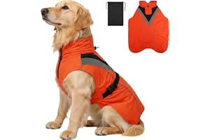 AOOWU Vattentät för hundar, justerbara husdjurskläder med förvaringsväska, orange fluorescerande reflekterande regnrockar för