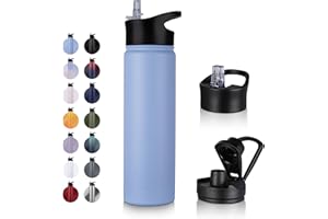 UMBFUN Edelstahl Trinkflasche - 750ml - mit Strohhalm,Auslaufsicher,Kohlensäure Geeignet,BPA frei Thermosflasche(+2 Deckel) Vakuum Doppelwandisolierung für Sport,Reisen,Camping,Schule,Fahrrad,Gym