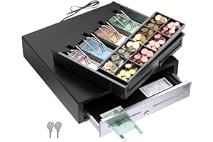 ‎POS VALLEY Kassenschublade - Professionelle, Elektrisch (RJ11-12) / Manuell Öffnen - 4 Scheinfächer / 8 große Münzfächer (Euro), 41x41cm, Swartz/Inox - Kassenlade POS VALLEY