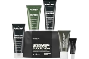 ManCave Hydration Skincare Collection, Bolsa de aseo para hombr, crema hidratante facial hombre, limpiador facial, exfoliante de carbón, gel para ojos, suero de ácido hialurónico, kit facial hombre