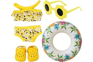 AUZLYA 4 Stück Baby Born Schwimmset,Schwimm Set für Puppen,mit Schwimmring Sonnenbrille Badeanzug und Clogs,Baby Zubehör für 43 cm Puppen (Gelb)