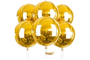 PartyWoo Gold Balloons, 6 pcs Gold Party Decorations, 22 inch Giant 4D Foil Balloons with Ribbon, Large Mylar Balloons, Metallic Gold Balloons for Birthday Decorations, Engagement Wedding Decorations