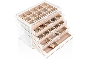 Sasha Morel Jewellery Box - Clear Acrylic Women's Jewellery Organiser - 5 Drawers, Velvet Earring Holder, Organiser Box for Accessories - Stackable, Stylish & Sturdy Design - Gift for Mum - Cream
