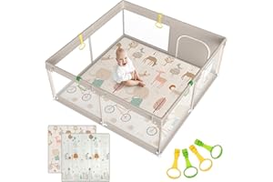 Julrrimg Laufstall Baby mit Matratze, 150x150 Laufgitter Baby mit Matte, Laufstall für Apartment, Laufgitter mit Atmungsaktivem Netz an Vier Seiten und Saugnäpfen