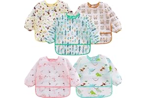 CENRONG Śliniaki z rękawami,5 sztuk śliniaki dla dzieci Wodoodporna śliniaki Mleczko odsadzenia,Fartuch do gry/malowania i jedzenia(0-4 lat), Wielobarwny, 44cm*37cm