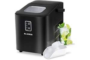KLAMER Eiswürfelmaschine klein (2025), 8 Eiswürfel in 8 Minuten, 11 kg Eiswürfel pro Tag, 2 Eiswürfelgrößen, 1 L Wassertank, Geräuscharmer Eiswürfelbereiter mit Eisschaufel und Tragegriff
