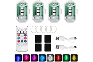 LOMUG Luce flash a LED per auto, 4 pezzi, senza fili, ad alta luminosità, 8 colori, aeroplano con telecomando, aereo USB ricaricabile, per auto, drone