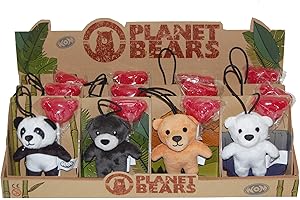 WOM Planet Bears, Piruletas de Fresa con Forma de Cara de Oso Acompañadas de Ositos de Peluche. Display de 12 unidades con 4 Osos Diferentes