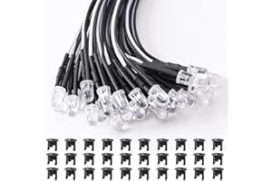Lyeteung 30 Pezzi 5mm 12V Diodo ad Emissione Luminosa LED, Bianco, Luce a Diodi LED Precablata 20cm + 30 Pezzi 5mm Supporto in Plastica del Diodo