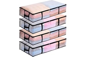 DNTORX 4 Pack 90L Large Under Bed Storage Bags, Clear Underbed Storage Bag with Lid Clothes Storage Bedroom Storage Under Bed Storage Organiser PP Fabric for Quilt, Blanket, Clothing, Shoes