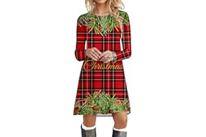 WVONIF Robe Noël Femme Fille Col Rond Robe Tunique Élégant Plage Soirée Fête Cocktail Mini Shirt Robe Taille Noël Haut Robe Décontractée à Manches Longues Costume Pere Noel