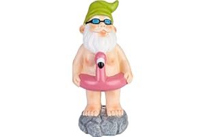 BRUBAKER Nain de Jardin Naturiste avec Bouée Flamant - Nain Nu avec Lunettes de Soleil - Figurine de Jardin - Drôle Décoration Résistante aux Intempéries pour Jardin et Camping - 24 cm