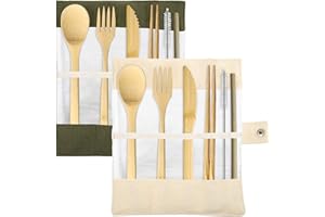 Set di 2, posate per utensili in bambù, set da viaggio per posate riutilizzabili SourceTon, cucchiaio di bambù, forchetta, coltello, pennello, bacchette e paglia