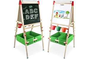 Veluoess 4 en 1 Pizarra Magnética Infantil, Colorido Borrable Tablero de Dibujo Magnético de Garabatos con Rollo de Papel y Caja de Almacenamiento Caballete de Madera para Niños