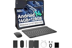 Laptok Android 14 Tablet 10 Pulgadas, 14GB +128GB+1TB, WiFi6/BT5.2/5000mAh, 8+5MP/1280 * 800/Widevine L1, Tablet PC con Stylus, Funda Protectora, Ratón Inalámbrico, Auriculares, Teclado Bluetooth