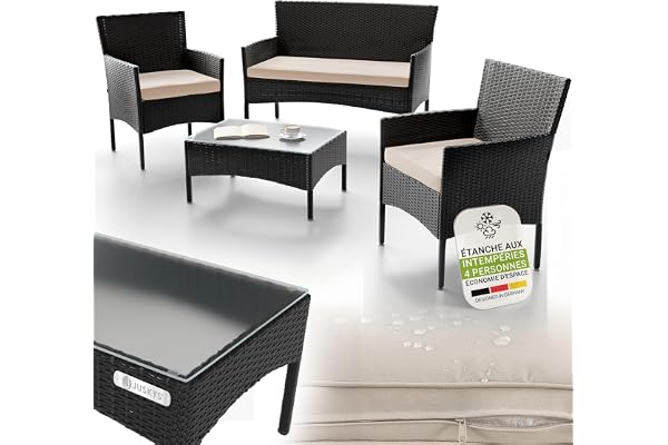 Juskys Ensemble de Meubles en polyrotin Fort Myers 4 Personnes avec canapé 2 Places, 2 chaises, Table et Coussins d'assise mobilier de Balcon - Rembourrage Noir et crème, Milieu
