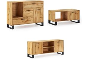 Skraut Home | Set Aparador+Mueble de TV+Mesa de Centro Salón | Modelo Loft | Conjunto para Comedor | Estructura Resistente | Fácil Montaje | Acabado Rústico