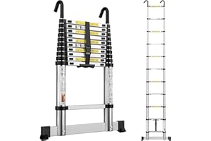 MYHMCT Telescopic Ladder 3.1M Aluminium Extension Extendable Loft Ladder, Portable Ladders with Stabilizer Bar and Detachable Hooks for Roof Loft Caravans