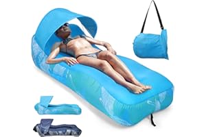 Outplea Inflatable Lounger Air Sofa with Mesh Back, Portable Inflatable Sun Lounger with Sunshade, Waterproof Blow Up Camping Sofa for Beach Pool Music Festival, Sky Blue Feather