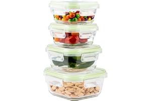 Home Fleek Recipientes de Cristal para Alimentos Hermeticos con Tapa - Tapers para Comida Hermetico, Ahorro De Espacio Recipientes para Alimentos para Microondas, Horno Y Congelador (Pack 4, Verde)