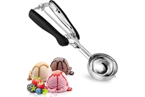 KITDAHOM Cucharas para Helado - Servidor de Helado 5 cm - Acero Inoxidable - Con Expulsor y Mango Ergonómico - Para Helado, Masa, Frutas (Negro)