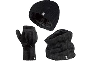 HEAT HOLDERS - Womens Thermal winter fleece cable knit Hat, Neck Warmer and Converter Gloves set