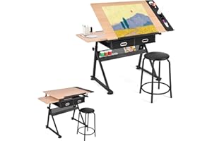 LIFEZEAL Set Tavolo da Disegno e Sgabello, Scrivania e Sedia, Piano Inclinabile, Regolabile in Altezza, 2 Cassetti, in Legno+Metallo, Principiante, Studente, Pittore, Studio, Liceo Artistico (marrone)