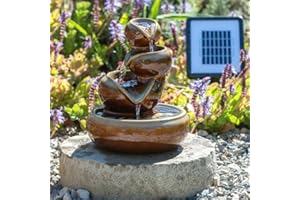 Primrose 25cm Solar Powered Brown Ceramic Oil Jar Three Tier Cascade Patio Garden Water Feature