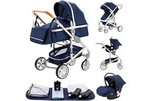 GLOKID Kinderwagen 3 in 1,Reisesysteme, Buggy mit Umkehrbarem Zwei-Wege-Schub,Babywanne Buggy&Sportsitz,Voll-Gummireifen,Mit Einem Klick Zusammenklappbarer,Zubehör,Tragbarer (LQL H739 Blau)