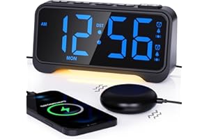 ROCAM Despertador Fuerte para Dormilones, Despertador Digital con Vibración, Números Grandes, Día de la Semana, Doble Alarma, Volumen y Brillo Ajustables, Luz Nocturna, DST, USB, Ideal para Sordos